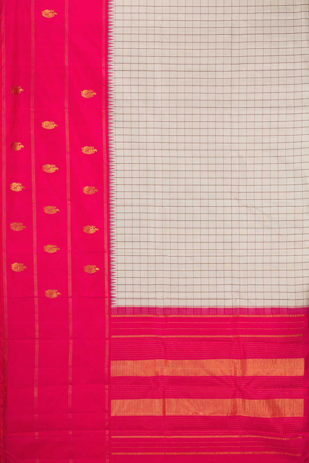 Flat view of Beige Kanjivaram Silk Saree with Checked design on the body and Fancy Border. 