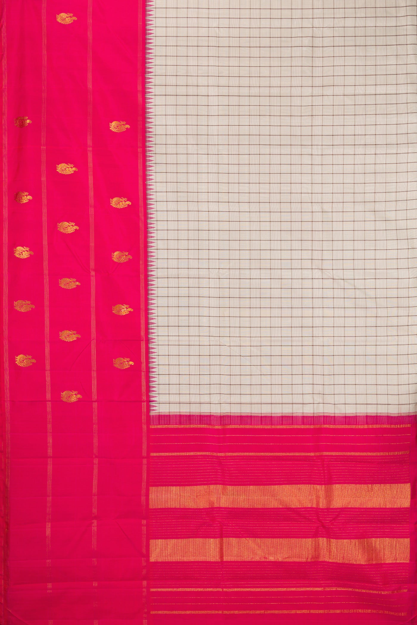 Flat view of Beige Kanjivaram Silk Saree with Checked design on the body and Fancy Border. 