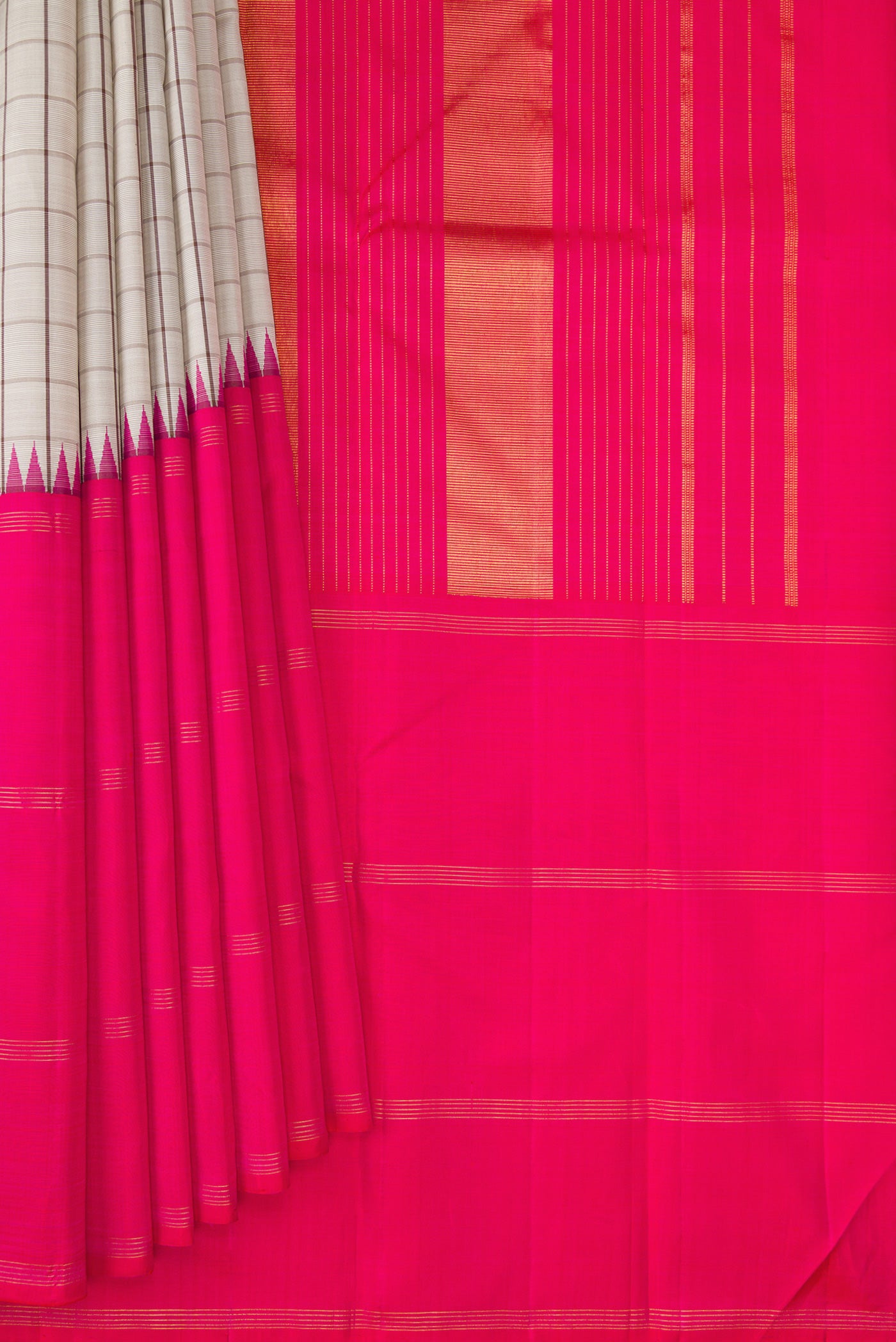 Pleats and pallu of Beige Kanjivaram Silk Saree with Checked design on the body and Fancy Border. 