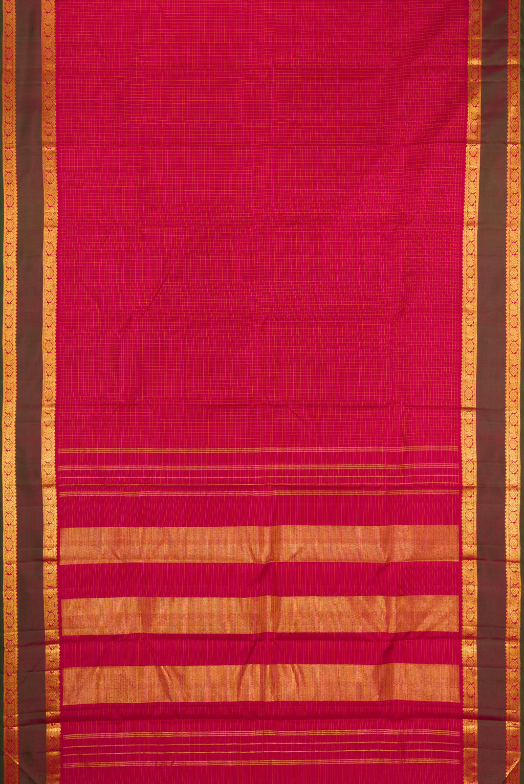Flat view of Maroon Kanchipuram Silk Saree with Checked design on the body and Zari Border. 