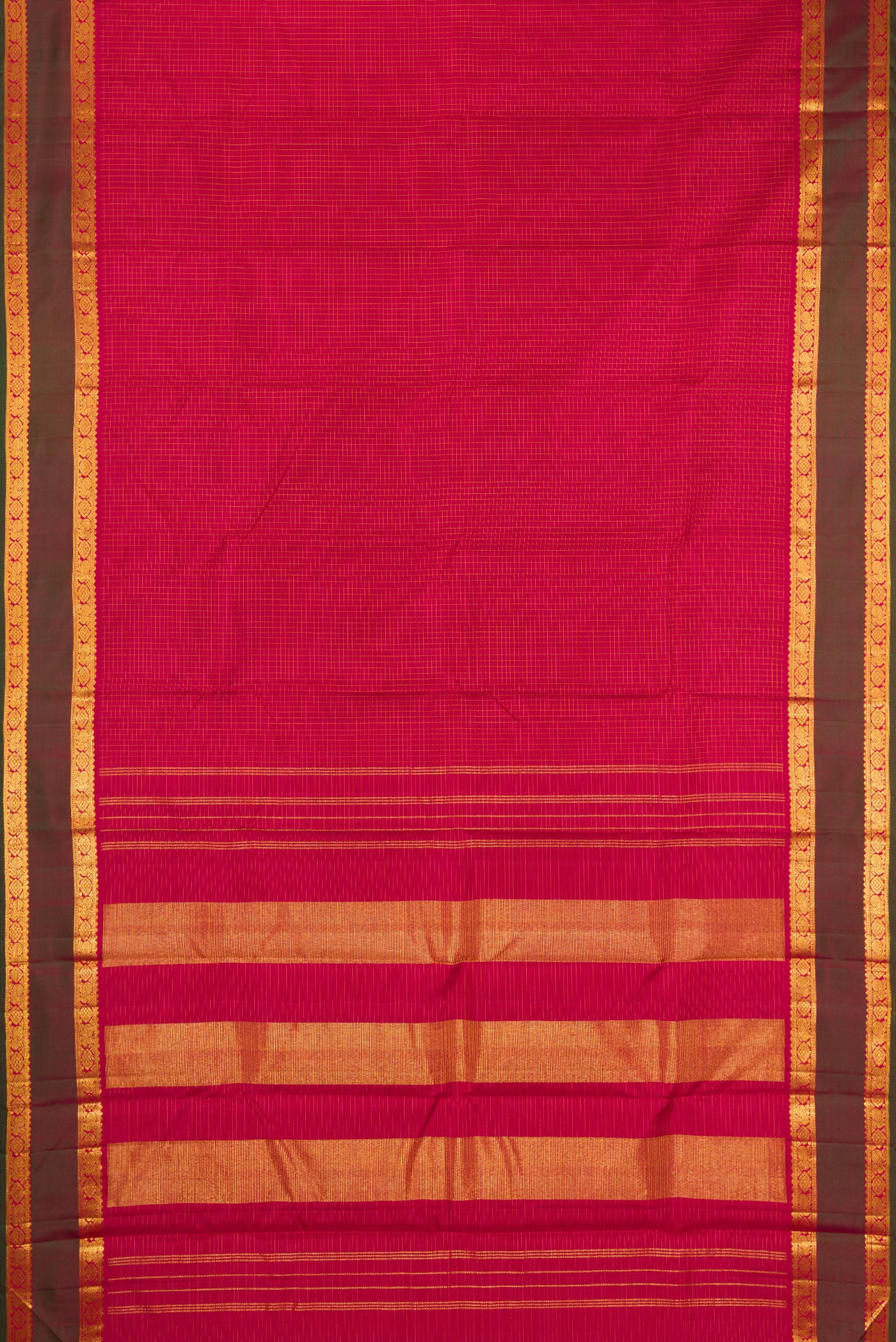 Flat view of Maroon Kanchipuram Silk Saree with Checked design on the body and Zari Border. 