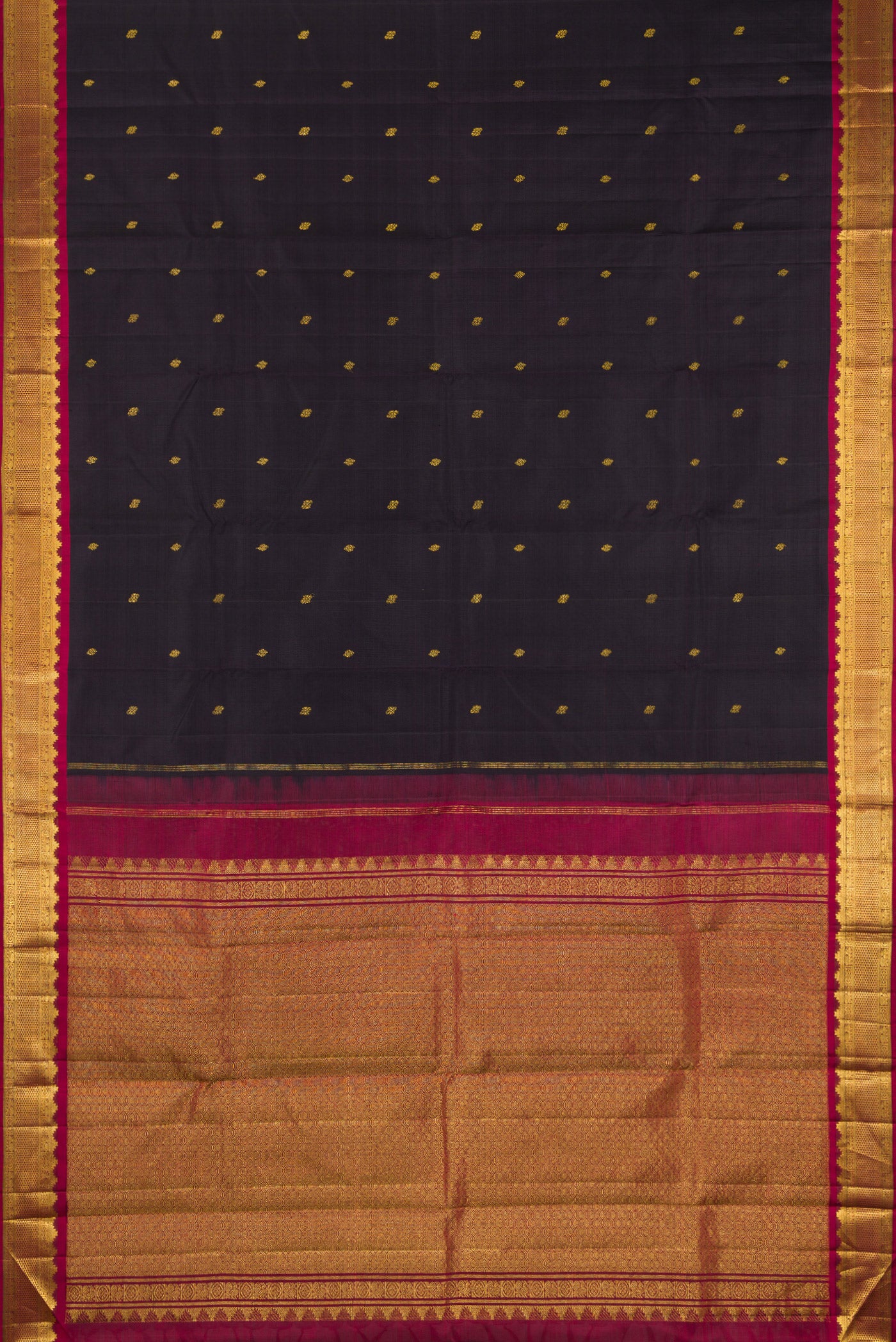 Flat view of Black Kanjivaram Silk Saree with Zari Butta on the body and Zari Border. 
