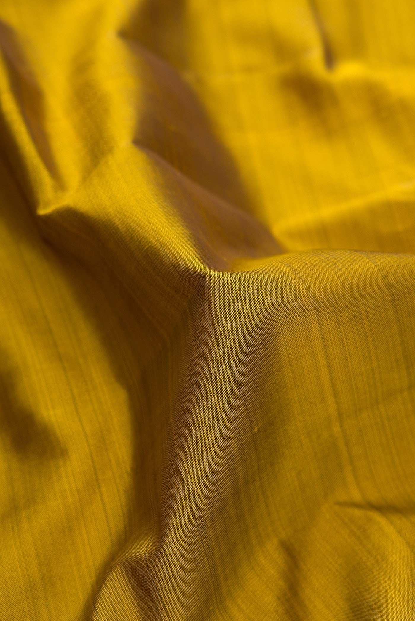 Close up of Mehandi Green Kanjivaram Silk Saree with Plain Body and Temple Border.  displaying folds
