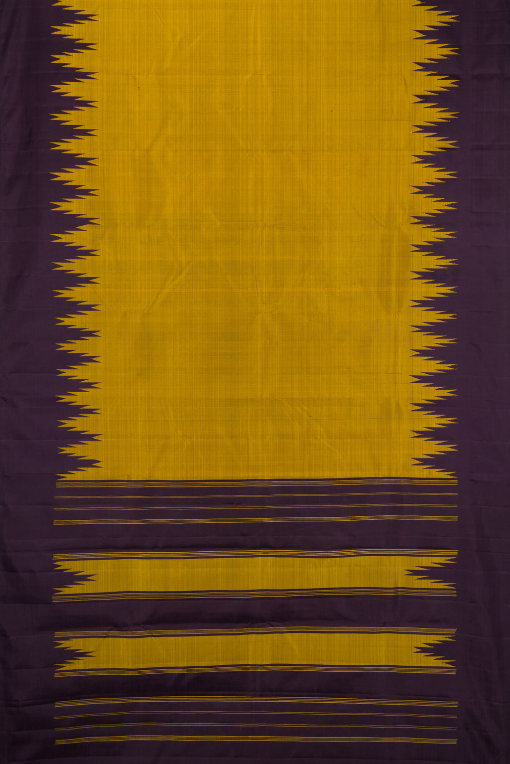 Flat view of Mehandi Green Kanjivaram Silk Saree with Plain Body and Temple Border. 