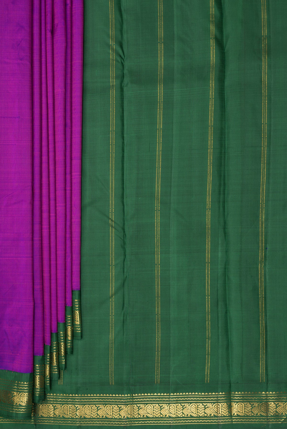 Pleats and pallu of Pure Silk Pure Zari Purple Dual Tone Kanjivaram Saree with Plain Body and One Side Border. 