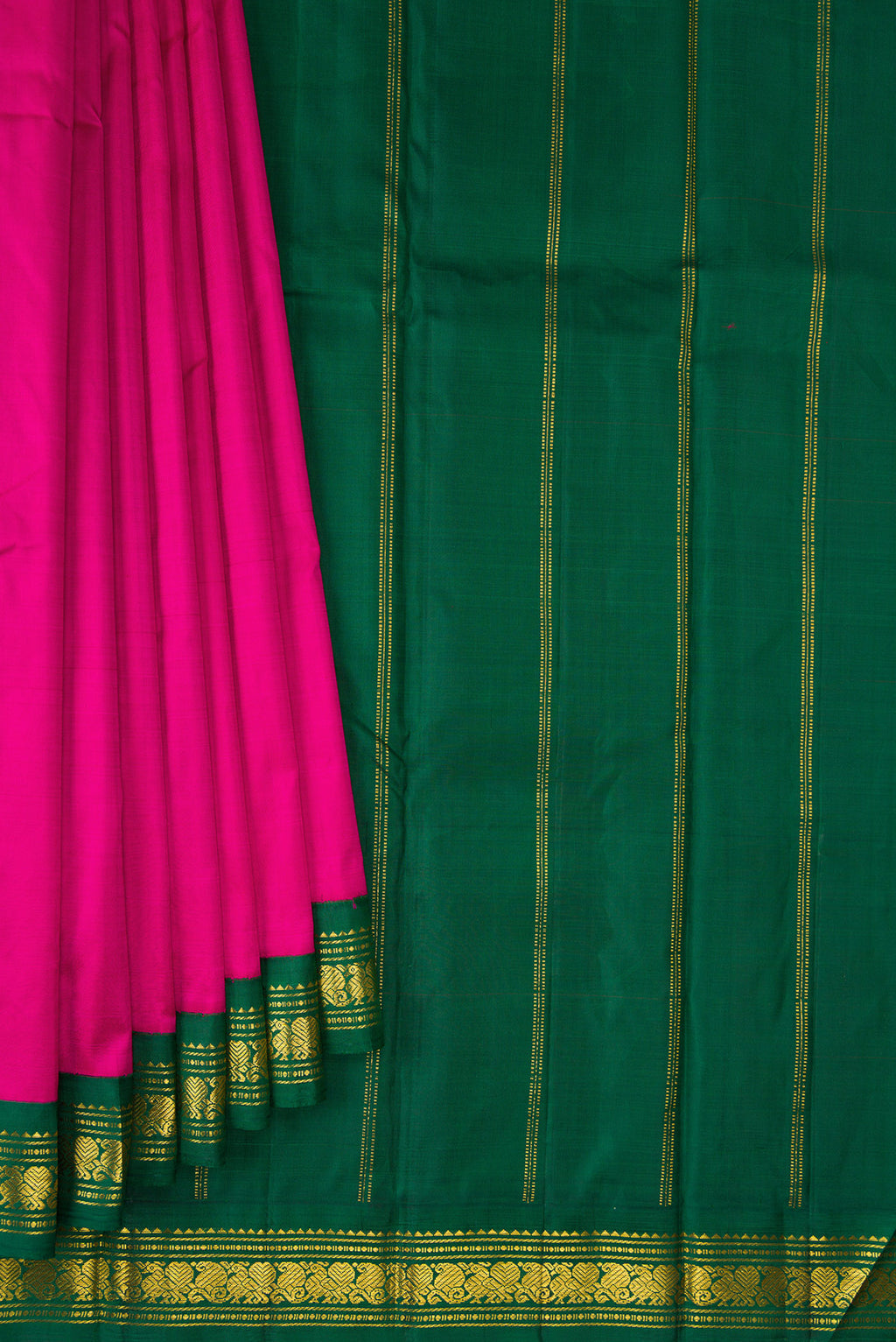 Pleats and pallu of Pure Silk Pure Zari Dark Pink Kanjivaram Saree with Plain Body and One Side Border. 