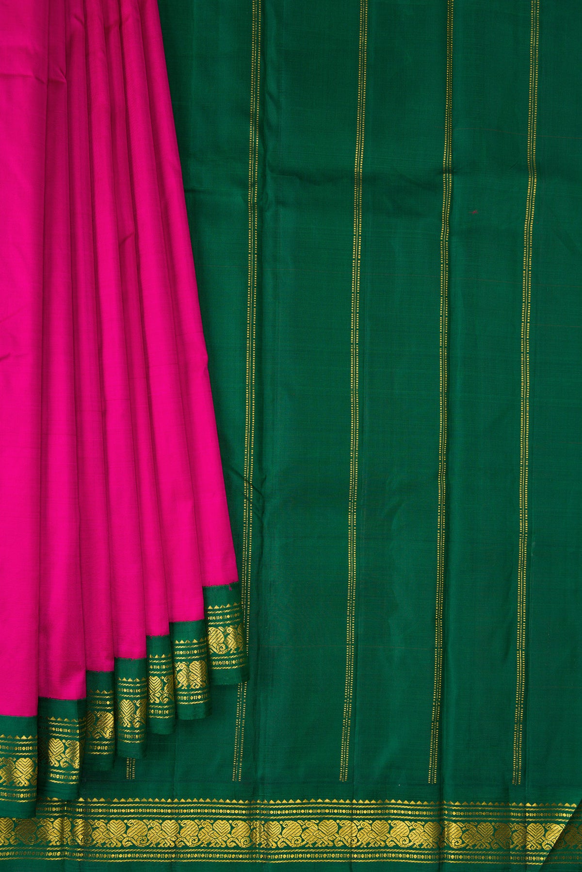 Pleats and pallu of Pure Silk Pure Zari Dark Pink Kanjivaram Saree with Plain Body and One Side Border. 