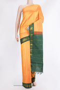 Pure Silk Pure Zari Yellow Dual Tone Kanjivaram Saree with Plain Body and One Side Border.  displayed on a mannequin