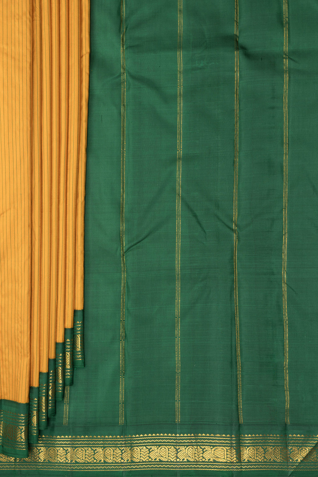 Pleats and pallu of Pure Silk Pure Zari Mustard Kanjivaram Saree with Stripes on the body and One Side Border. 