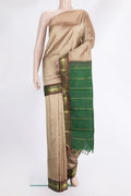 Pure Silk Pure Zari Dark Beige Dual Tone Kanjivaram Saree with Plain Body and One Side Border.  displayed on a mannequin