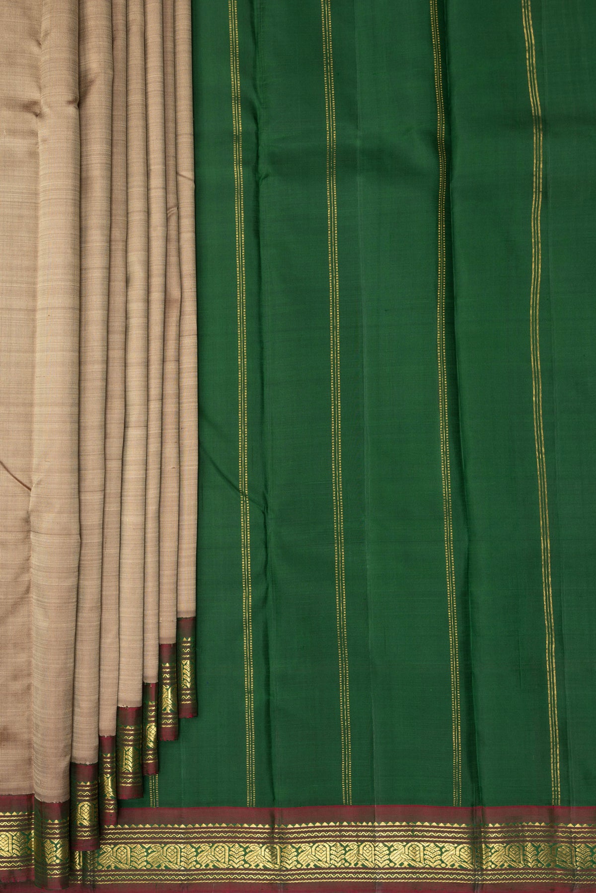 Pleats and pallu of Pure Silk Pure Zari Dark Beige Dual Tone Kanjivaram Saree with Plain Body and One Side Border. 