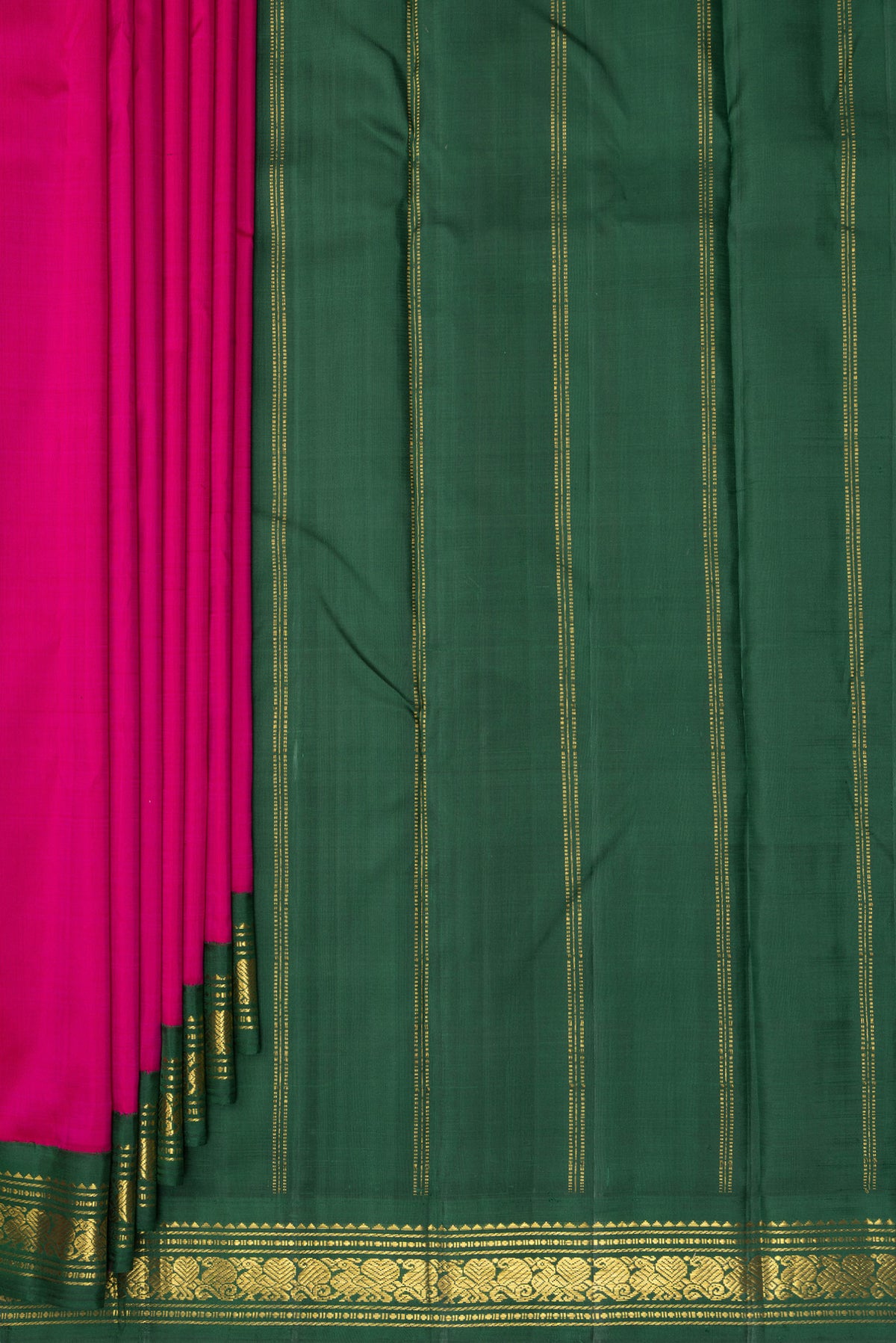 Pleats and pallu of Pure Silk Pure Zari Dark Pink Kanjivaram Saree with Plain Body and One Side Border. 