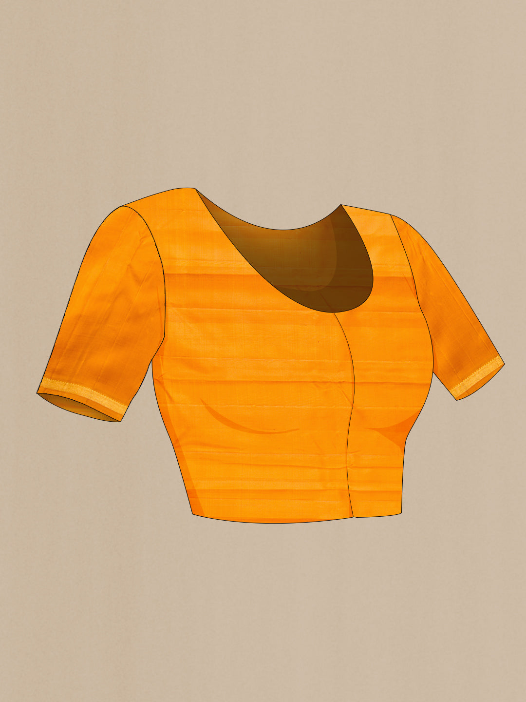 Close up image of the blouse of Pinkish Yellow Dual Tone Kanjivaram Silk Saree with Plain Body and Zari Border. 