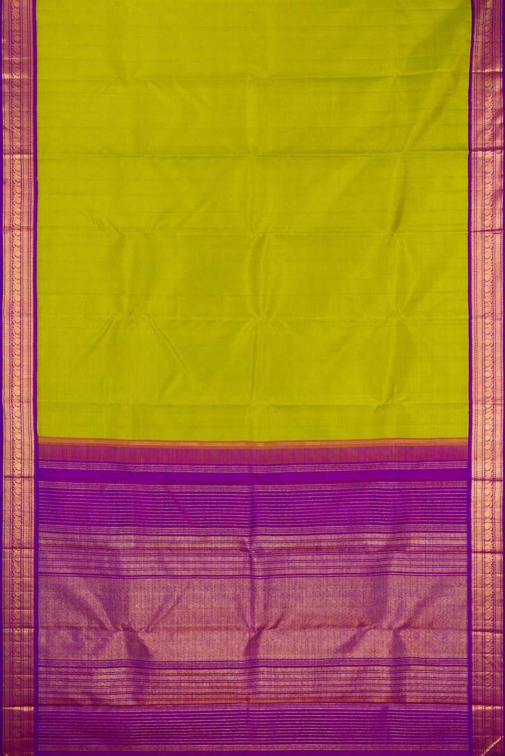 Flat view of Parrot Green Kanjivaram Silk Saree with Plain Body and Zari Border. 