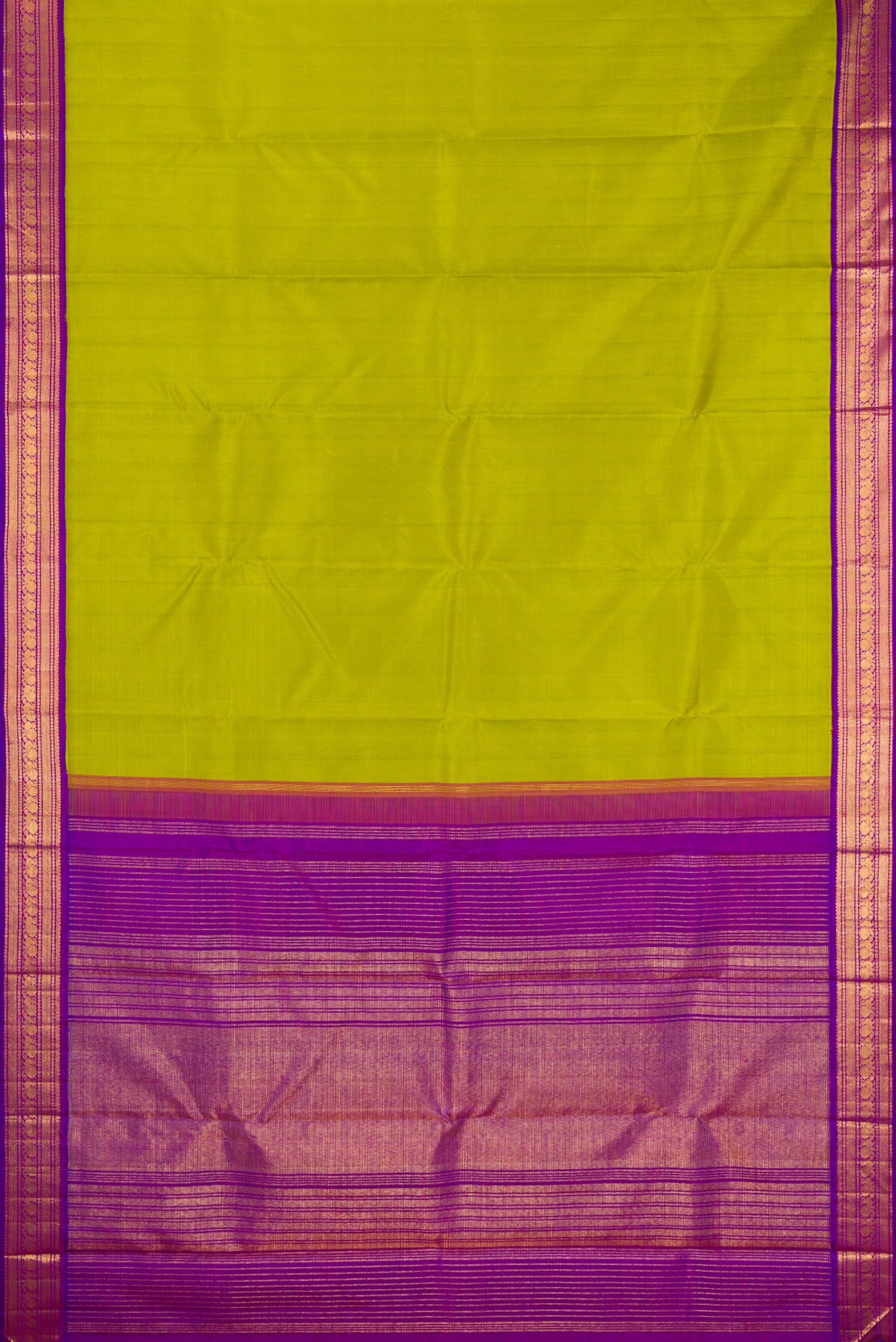 Flat view of Parrot Green Kanjivaram Silk Saree with Plain Body and Zari Border. 