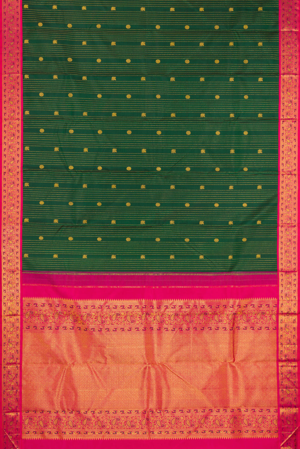 Flat view of Bottle Green Kanjivaram Silk Saree with Stripes on the body and Fancy Border. 