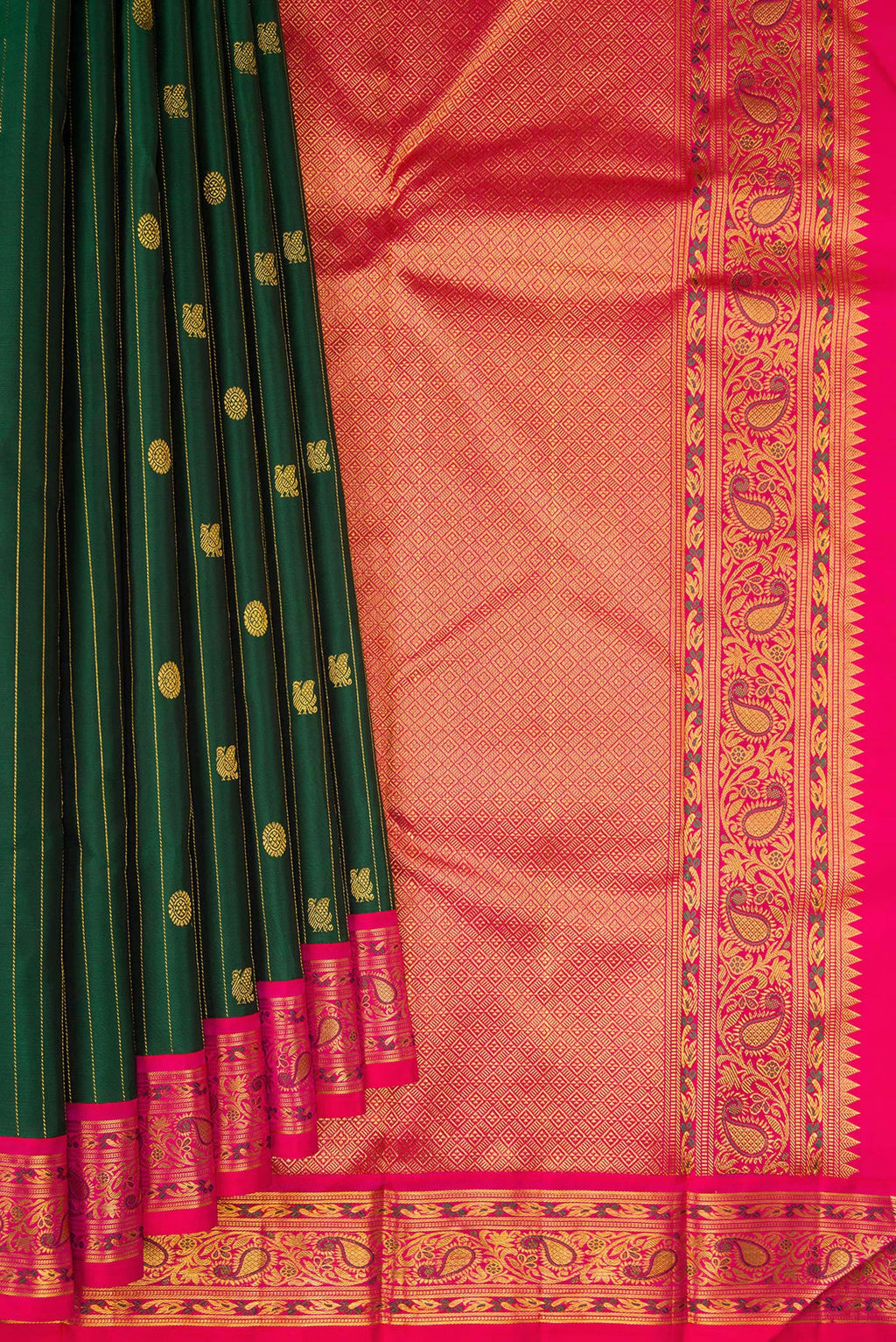 Pleats and pallu of Bottle Green Kanjivaram Silk Saree with Stripes on the body and Fancy Border. 