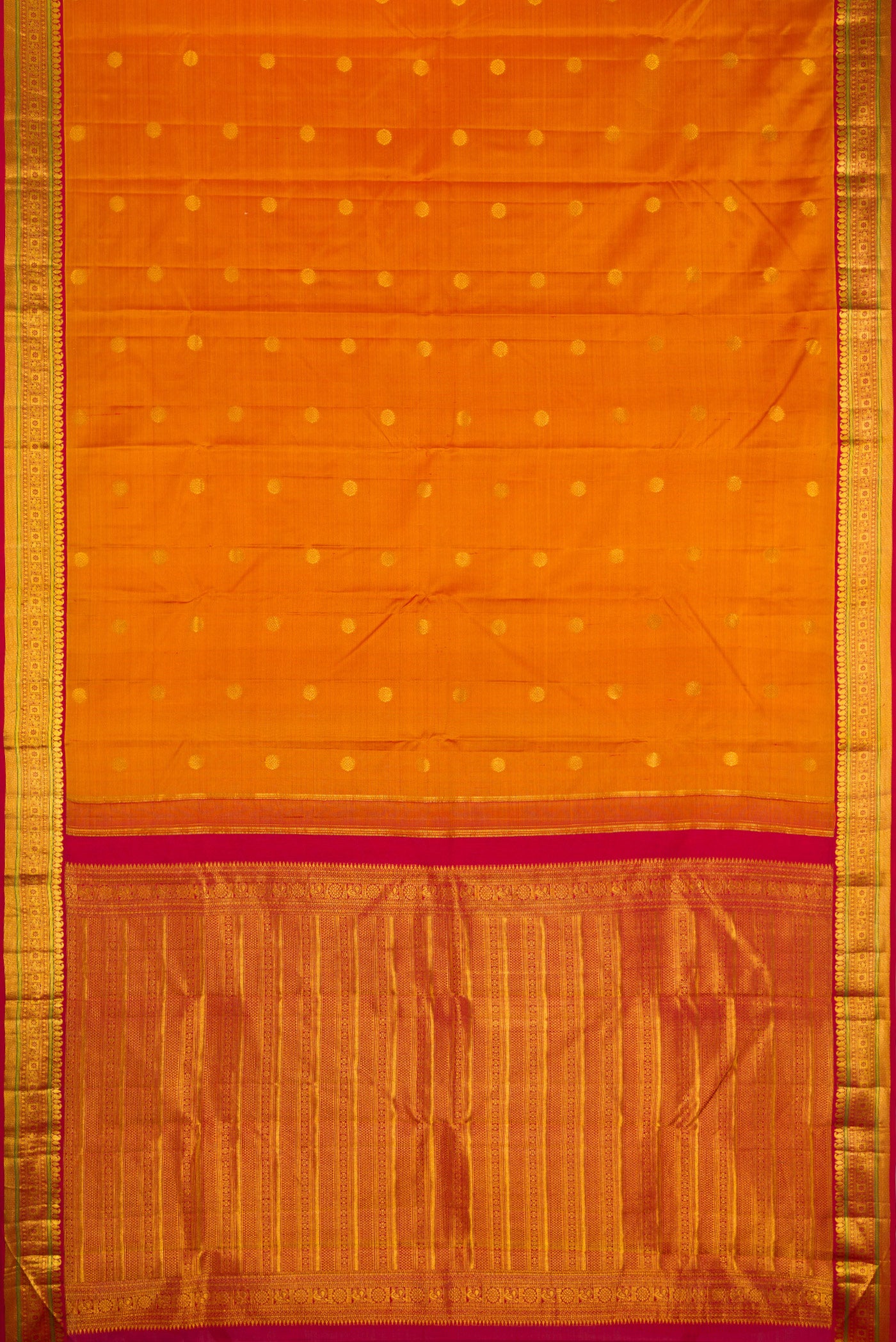 Flat view of Mustard Kanchipuram Silk Saree with Zari Butta on the body and Zari Border. 