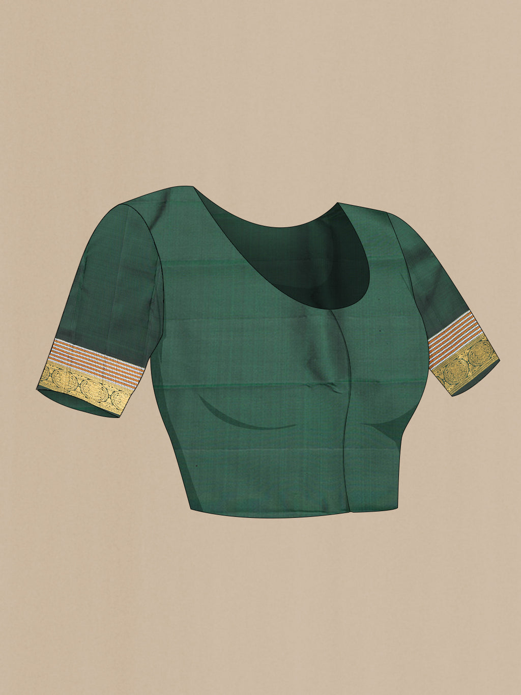 Close up image of the blouse of Pure Silk Bottle Green Kanchipuram Saree with Plain Body and Zari Border. 