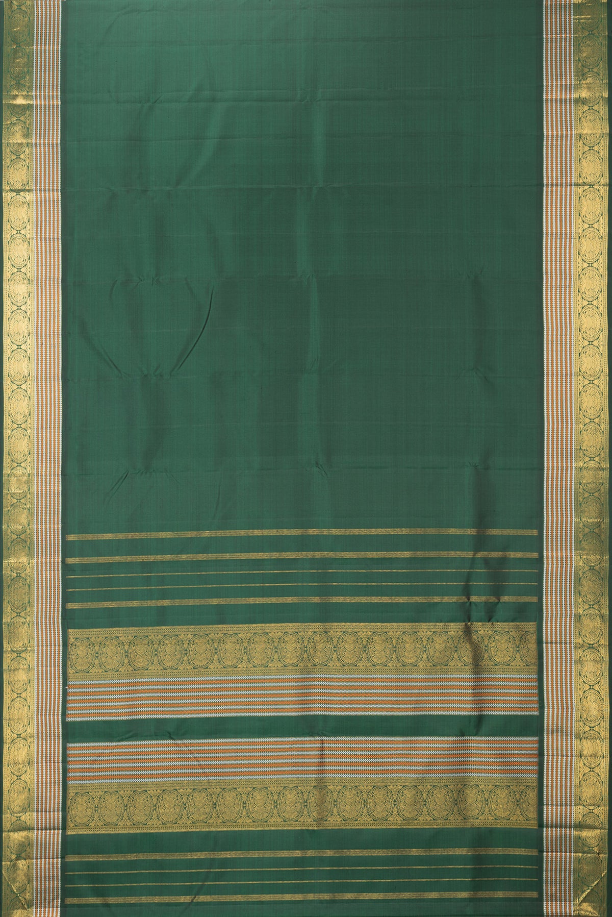 Flat view of Pure Silk Bottle Green Kanchipuram Saree with Plain Body and Zari Border. 