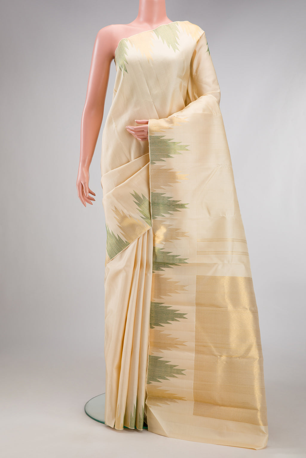 Sandal Kanjivaram Silk Saree with Plain Body and Temple Border.  displayed on a mannequin