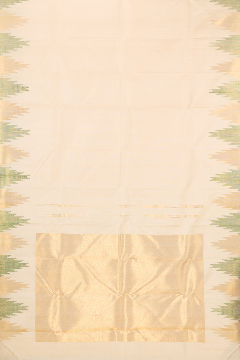 Flat view of Sandal Kanjivaram Silk Saree with Plain Body and Temple Border. 