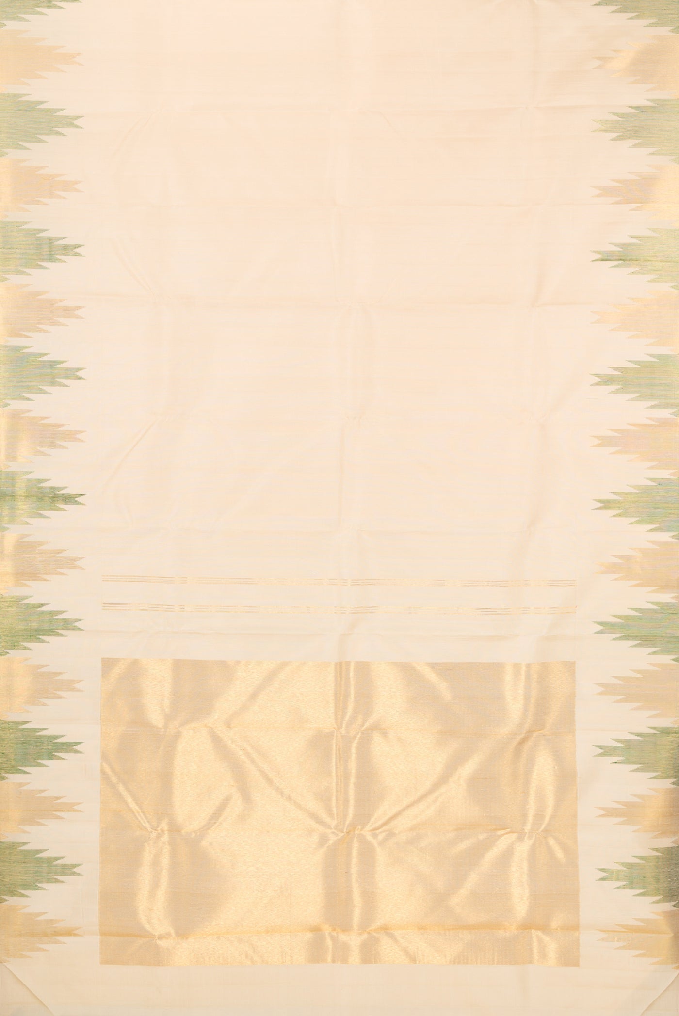 Flat view of Sandal Kanjivaram Silk Saree with Plain Body and Temple Border. 