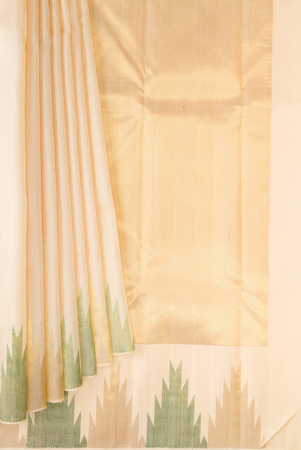 Pleats and pallu of Sandal Kanjivaram Silk Saree with Plain Body and Temple Border. 
