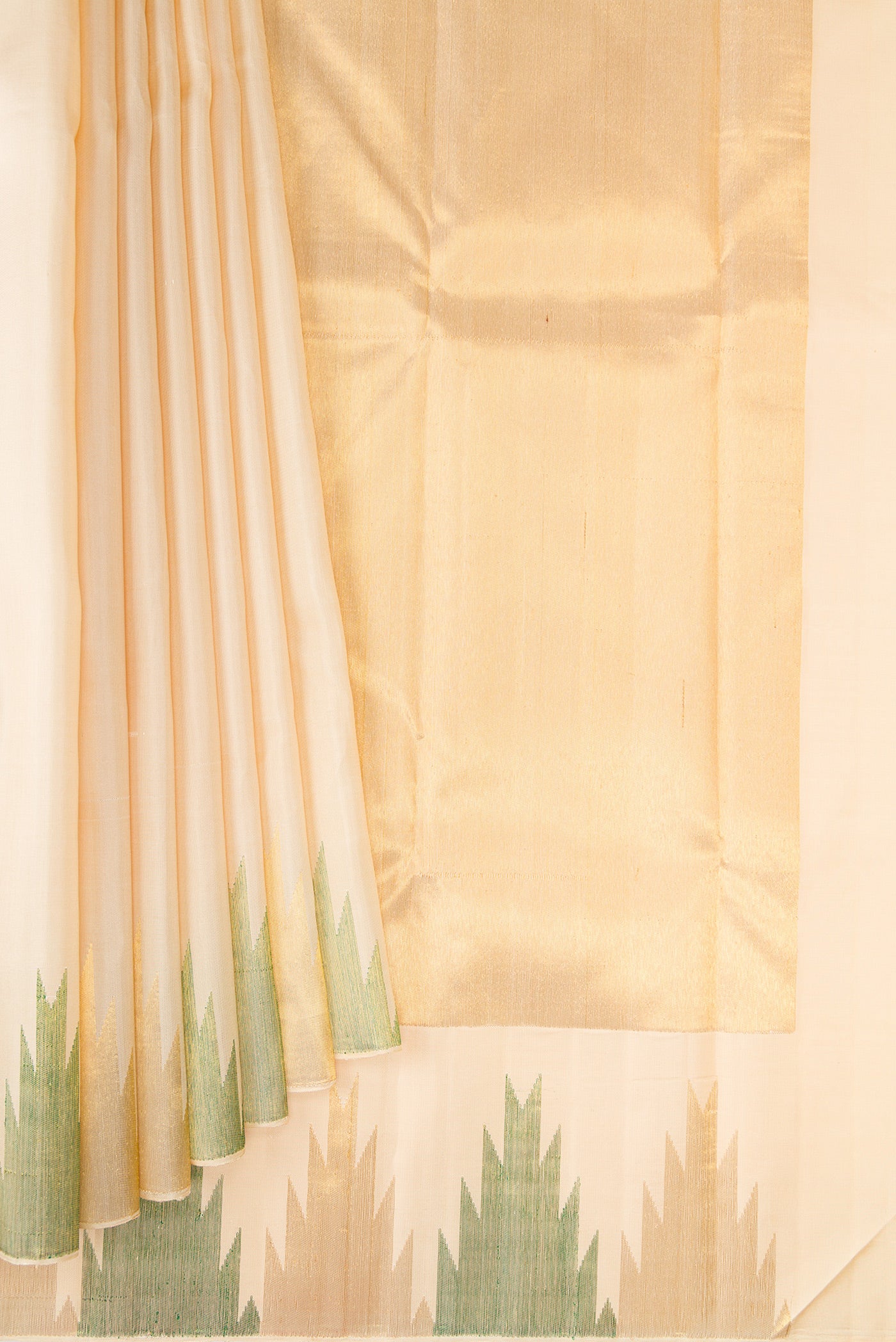 Pleats and pallu of Sandal Kanjivaram Silk Saree with Plain Body and Temple Border. 