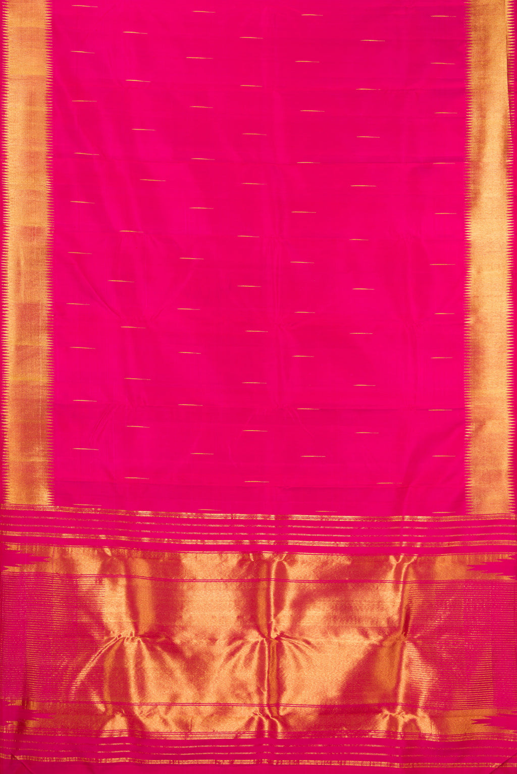 Flat view of Dark Pink Kanjivaram Silk Saree with Zari Butta on the body and Zari Border. 