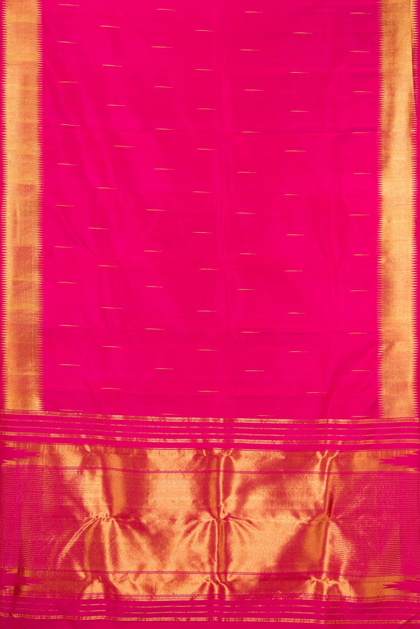 Flat view of Dark Pink Kanjivaram Silk Saree with Zari Butta on the body and Zari Border. 