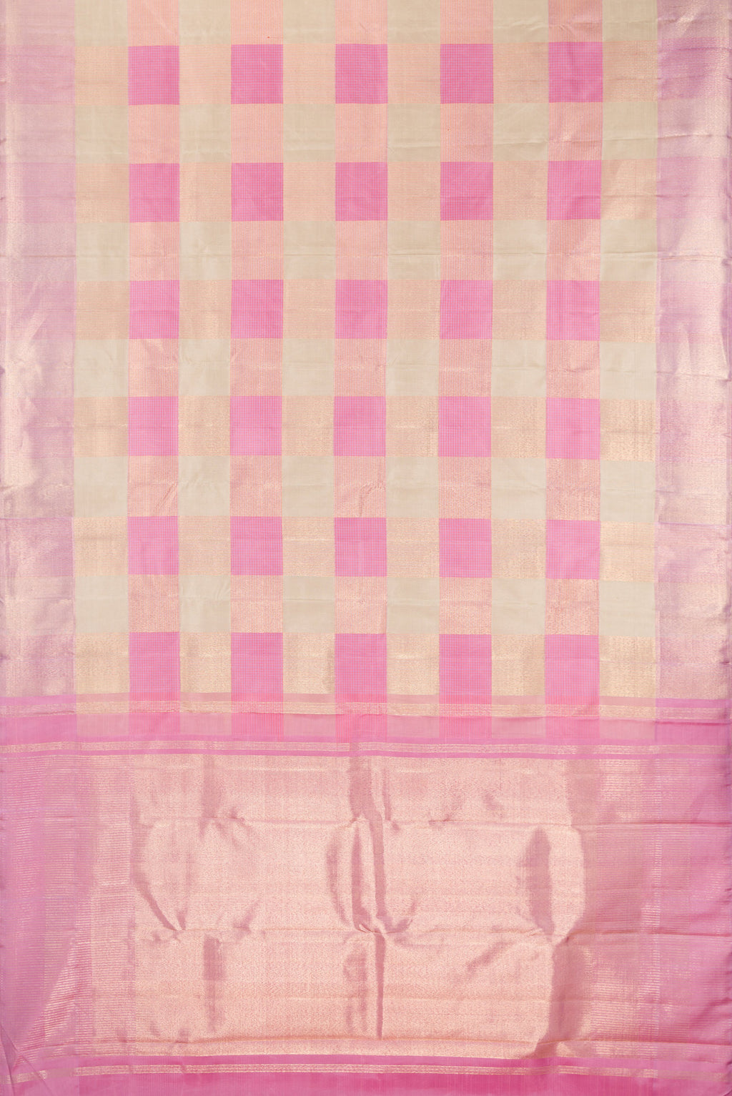 Flat view of Pure Silk Multi Color Kanchipuram Saree with Checked design on the body and Zari Border. 
