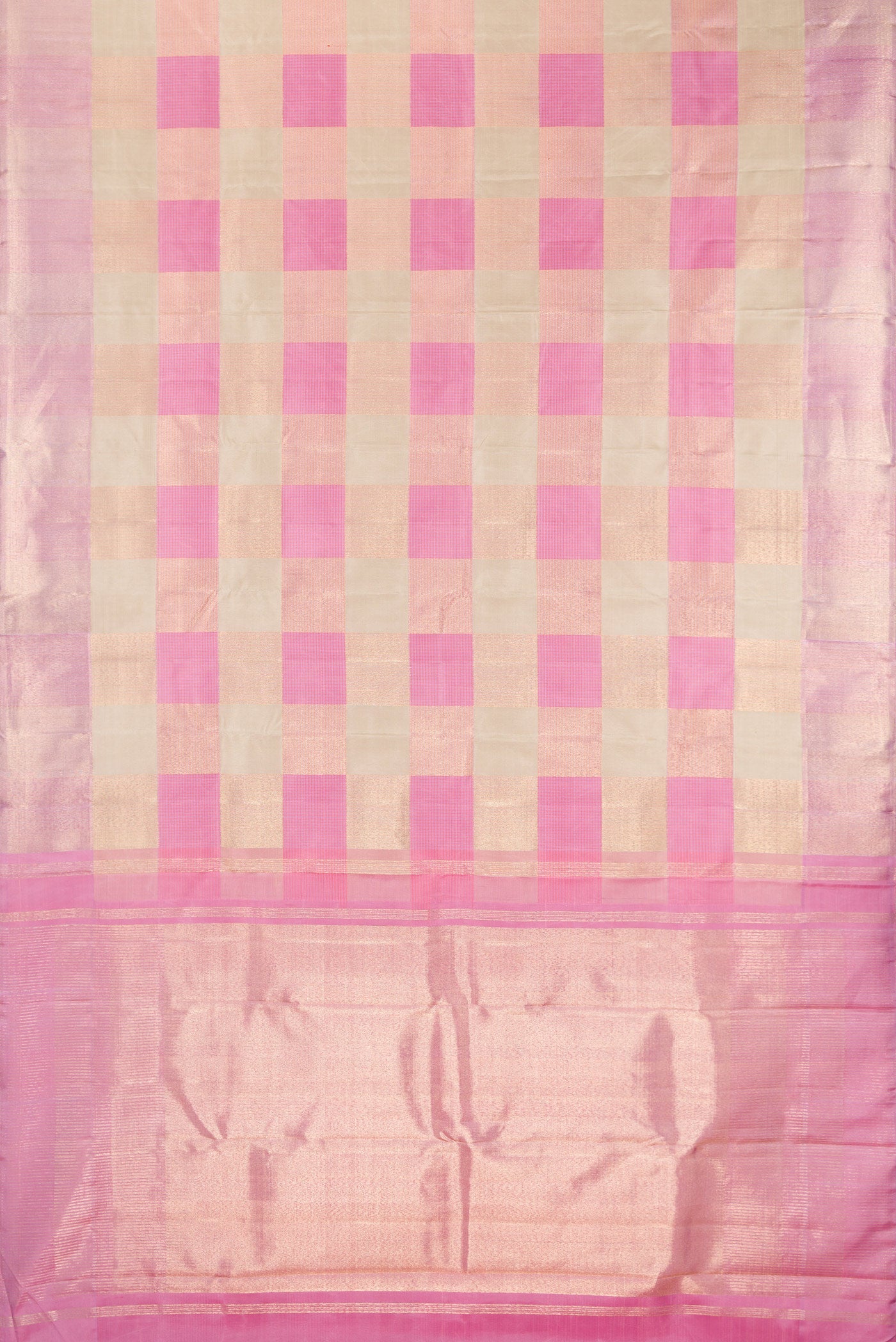 Flat view of Pure Silk Multi Color Kanchipuram Saree with Checked design on the body and Zari Border. 