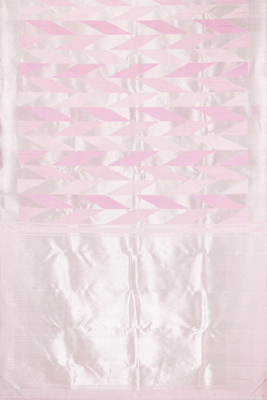 Flat view of Pure Silk Rose pink Kanchipuram Saree with Zari Brocade on the body and Zari Border. 
