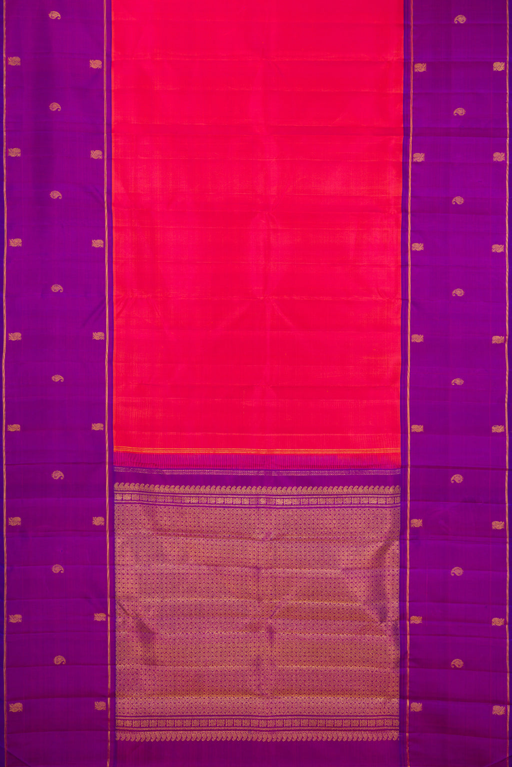 Flat view of Pink Dual Tone Kanchipuram Silk Saree with Plain Body and Zari Border. 