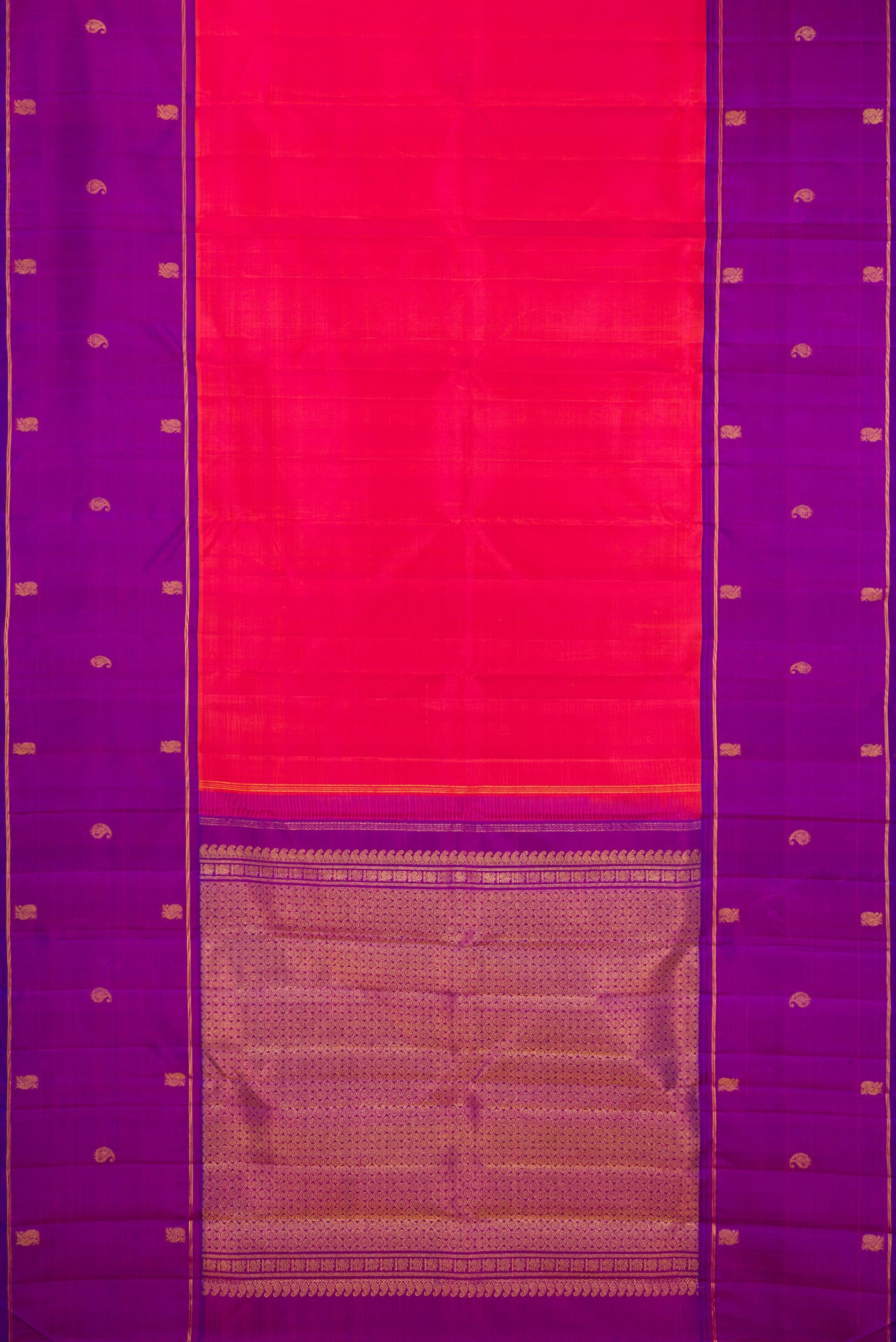 Flat view of Pink Dual Tone Kanchipuram Silk Saree with Plain Body and Zari Border. 