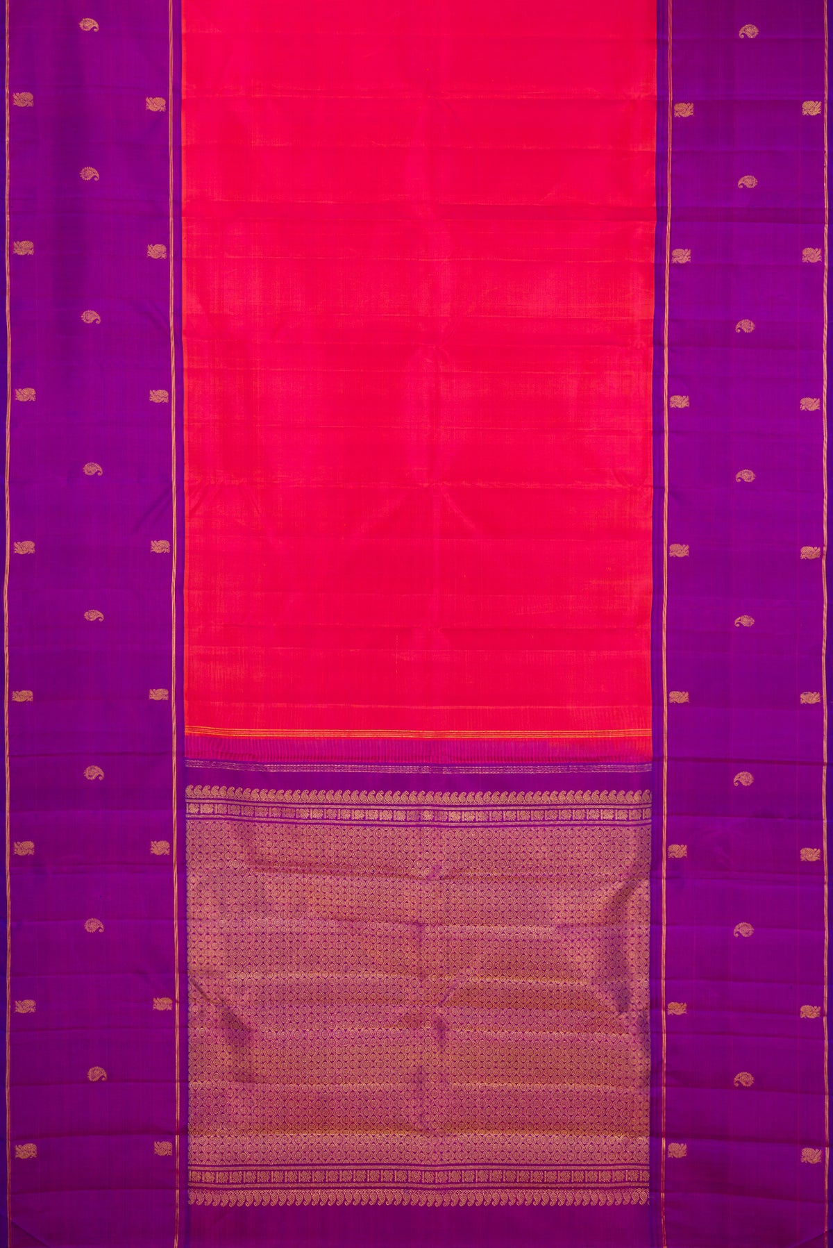 Flat view of Pink Dual Tone Kanchipuram Silk Saree with Plain Body and Zari Border. 