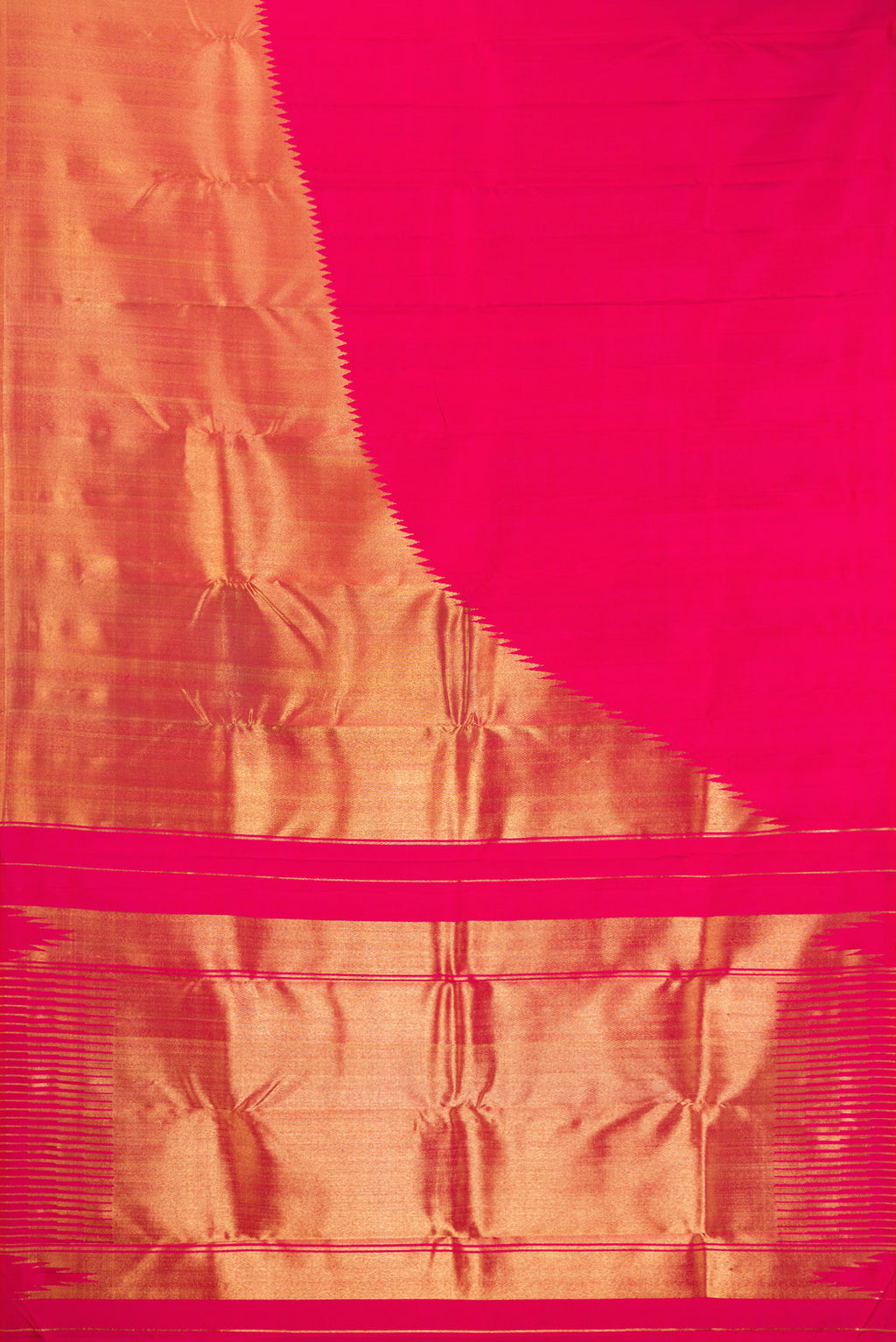 Flat view of Pink Kanjivaram Silk Saree with Plain Body and Rising Temple Border. 