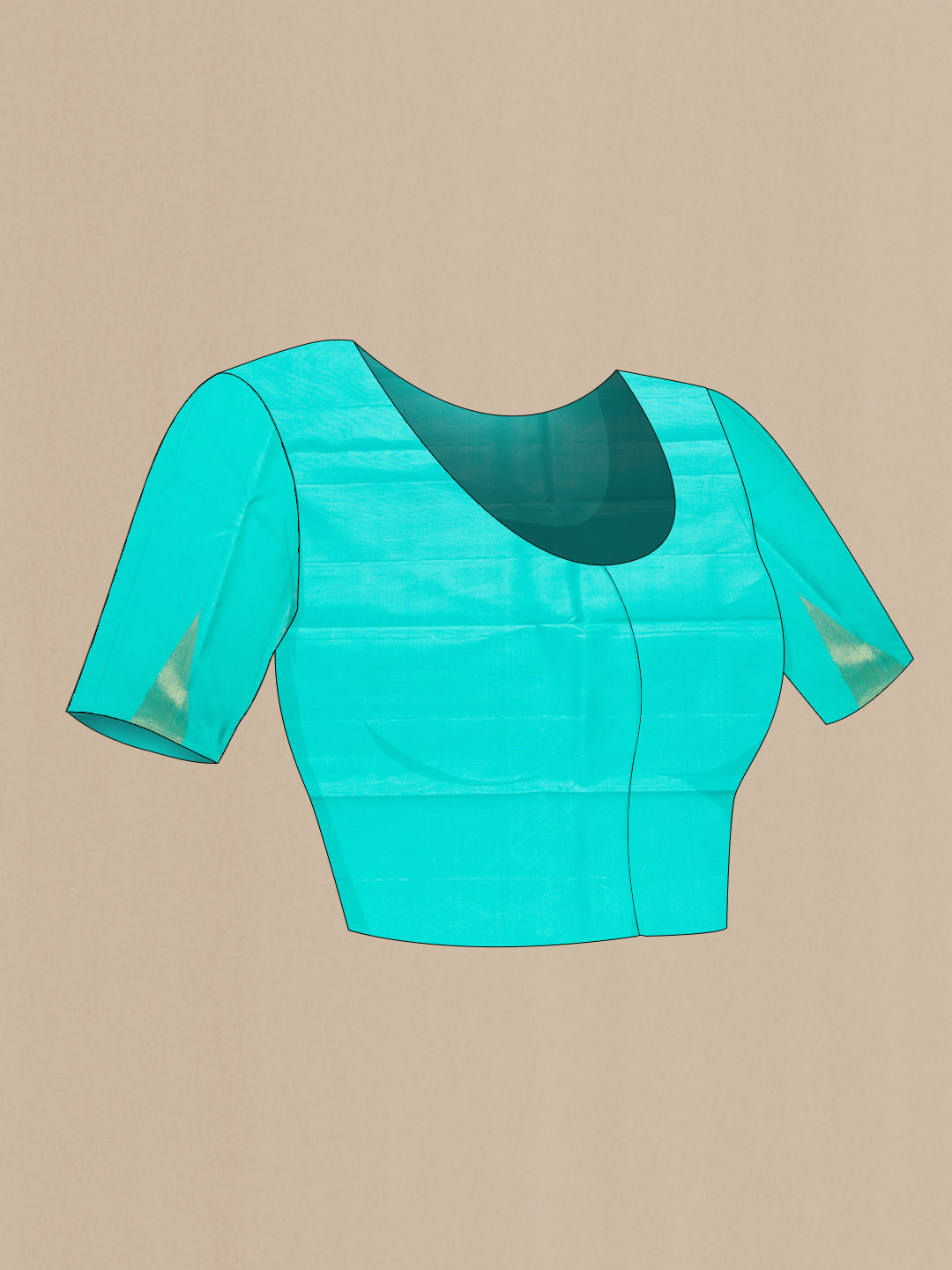 Close up image of the blouse of Pure Silk Pure Zari Turquoise Kanchipuram Saree with Plain Body and Temple Border. 