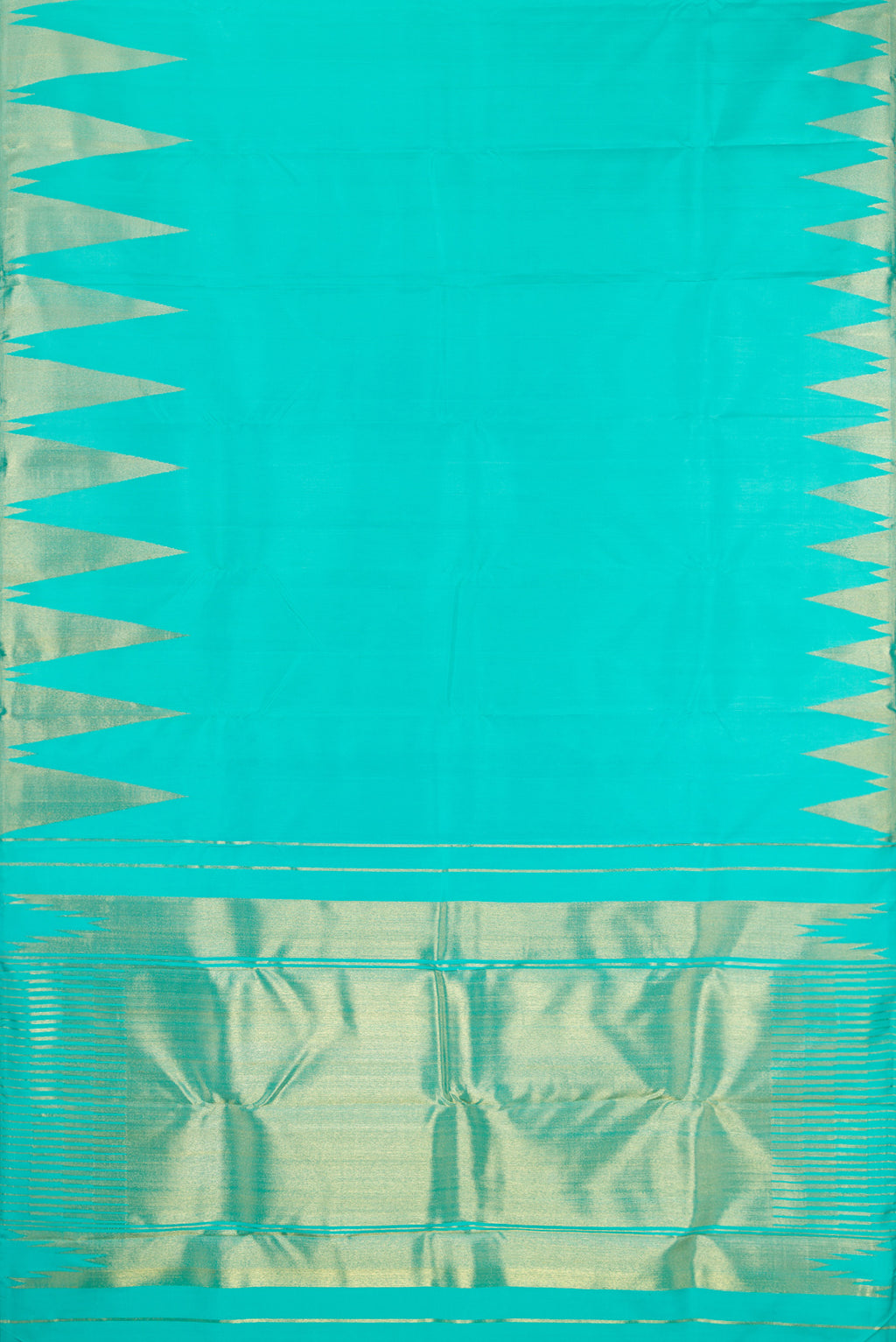 Flat view of Pure Silk Pure Zari Turquoise Kanchipuram Saree with Plain Body and Temple Border. 