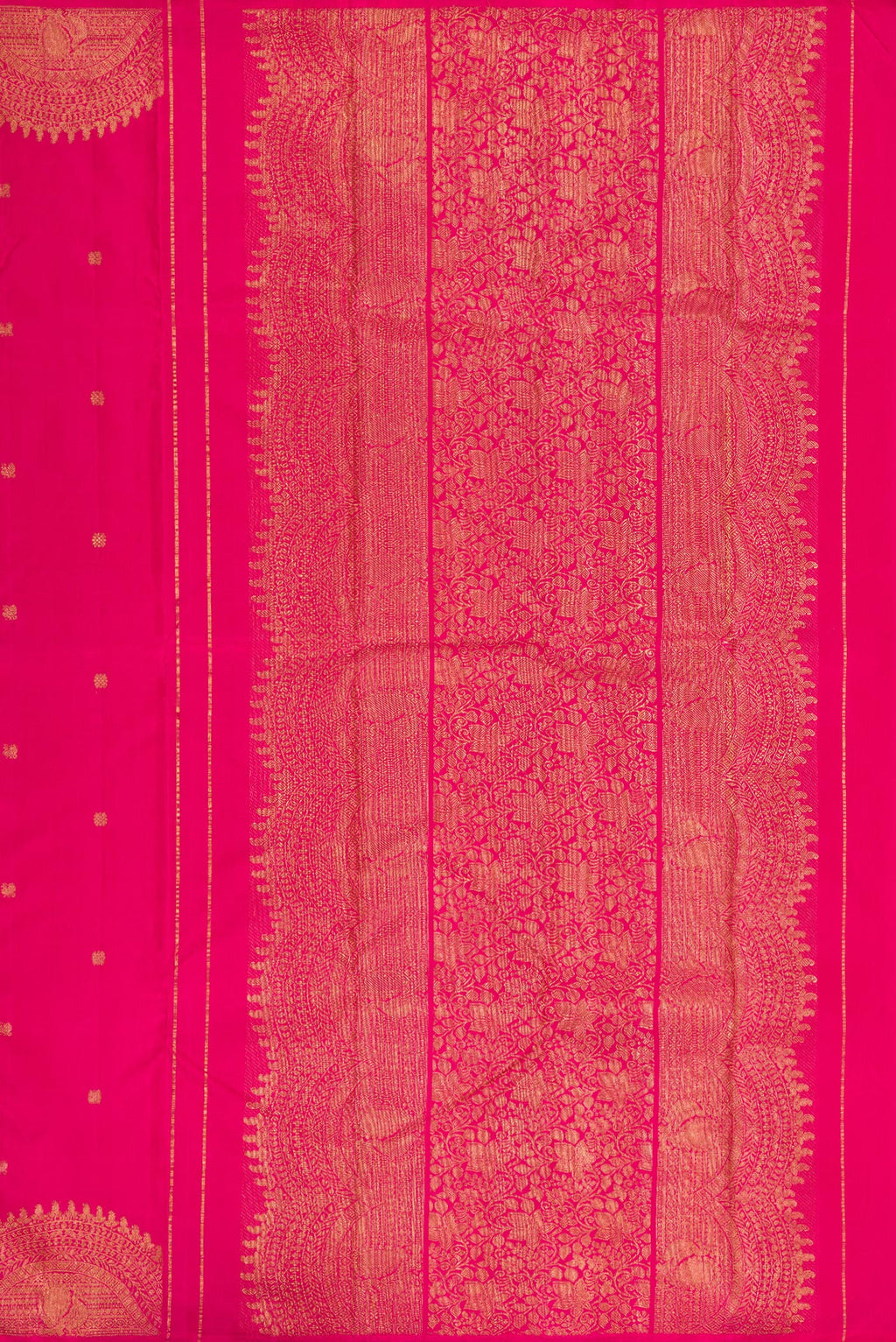 Close up image of the pallu of Pure Silk Pure Zari Pink Kanjivaram Saree with Zari Butta on the body and Fancy Border. 
