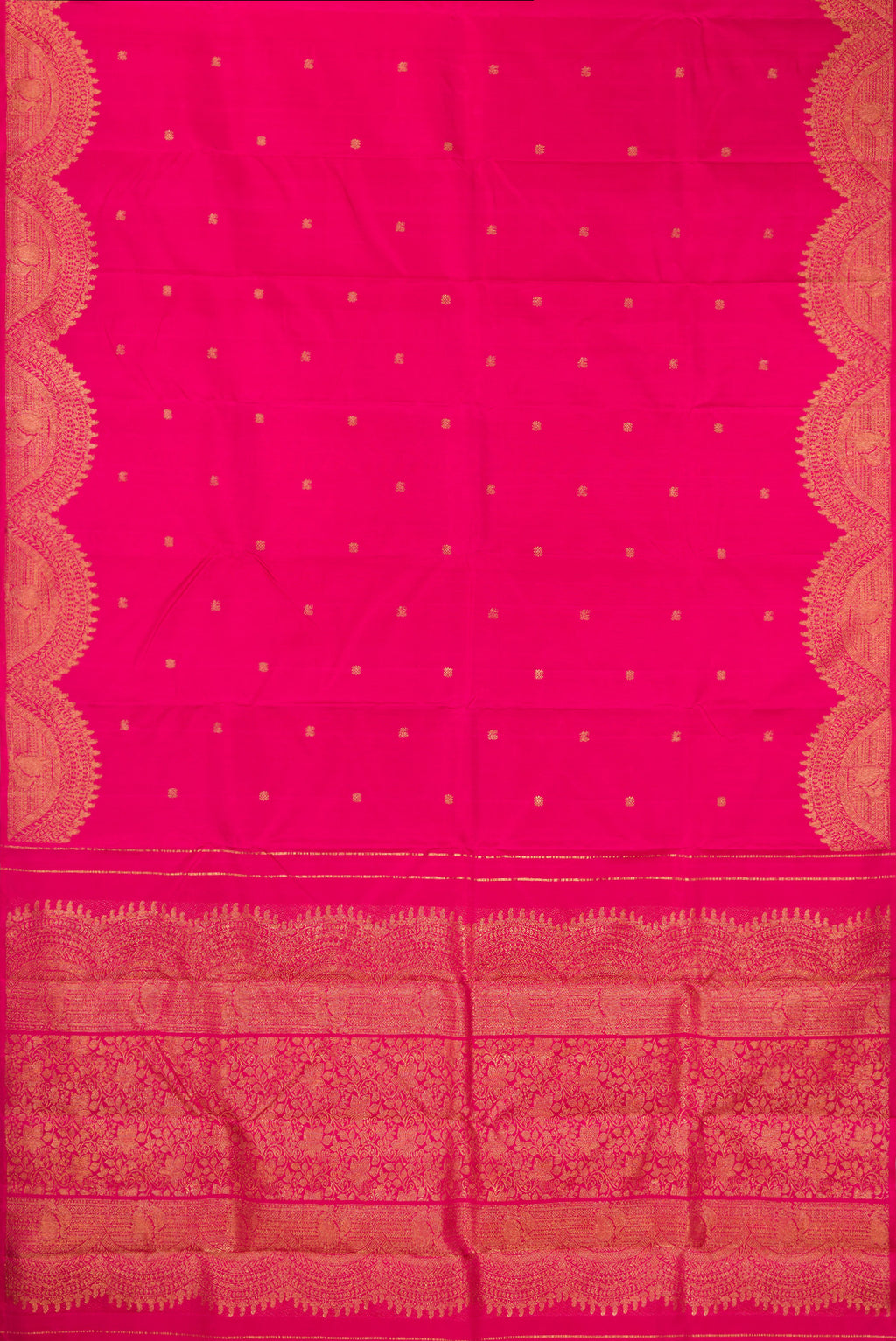 Flat view of Pure Silk Pure Zari Pink Kanjivaram Saree with Zari Butta on the body and Fancy Border. 