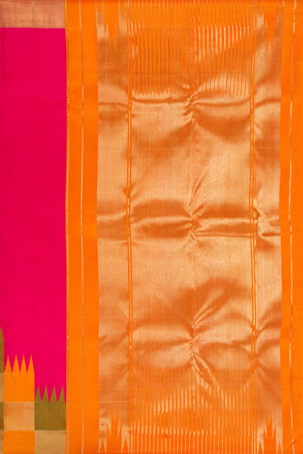Close up image of the pallu of Pure Silk Pure Zari Pink Kanjivaram Saree with Plain Body and Temple Border. 