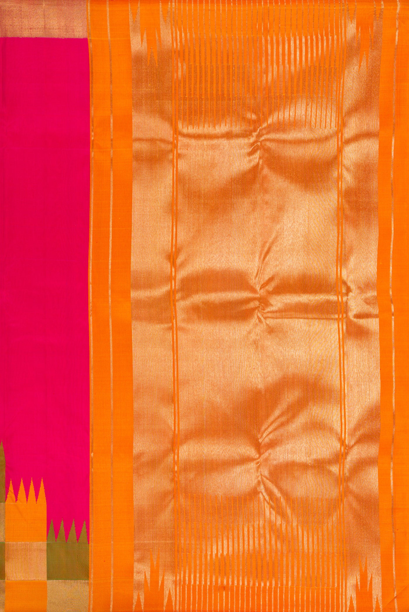 Close up image of the pallu of Pure Silk Pure Zari Pink Kanjivaram Saree with Plain Body and Temple Border. 