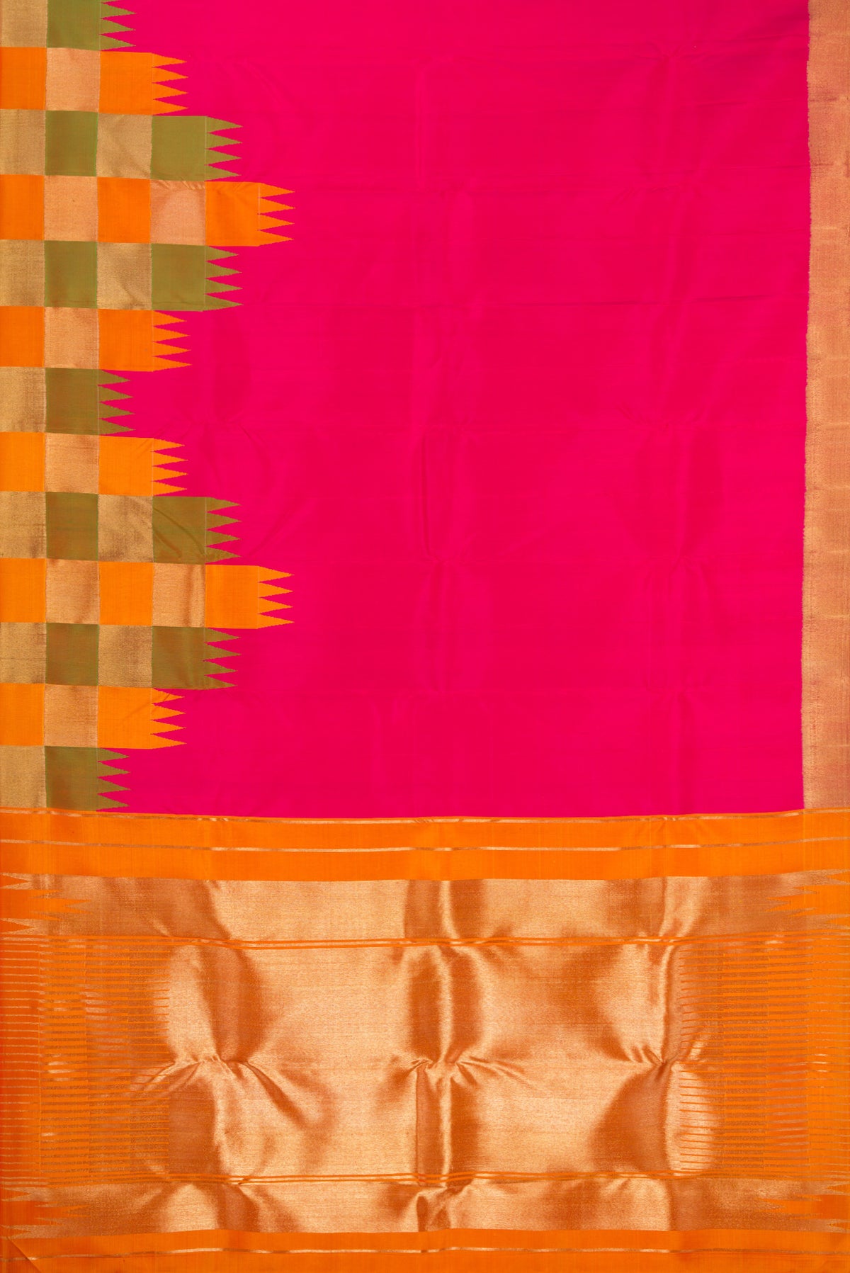 Flat view of Pure Silk Pure Zari Pink Kanjivaram Saree with Plain Body and Temple Border. 