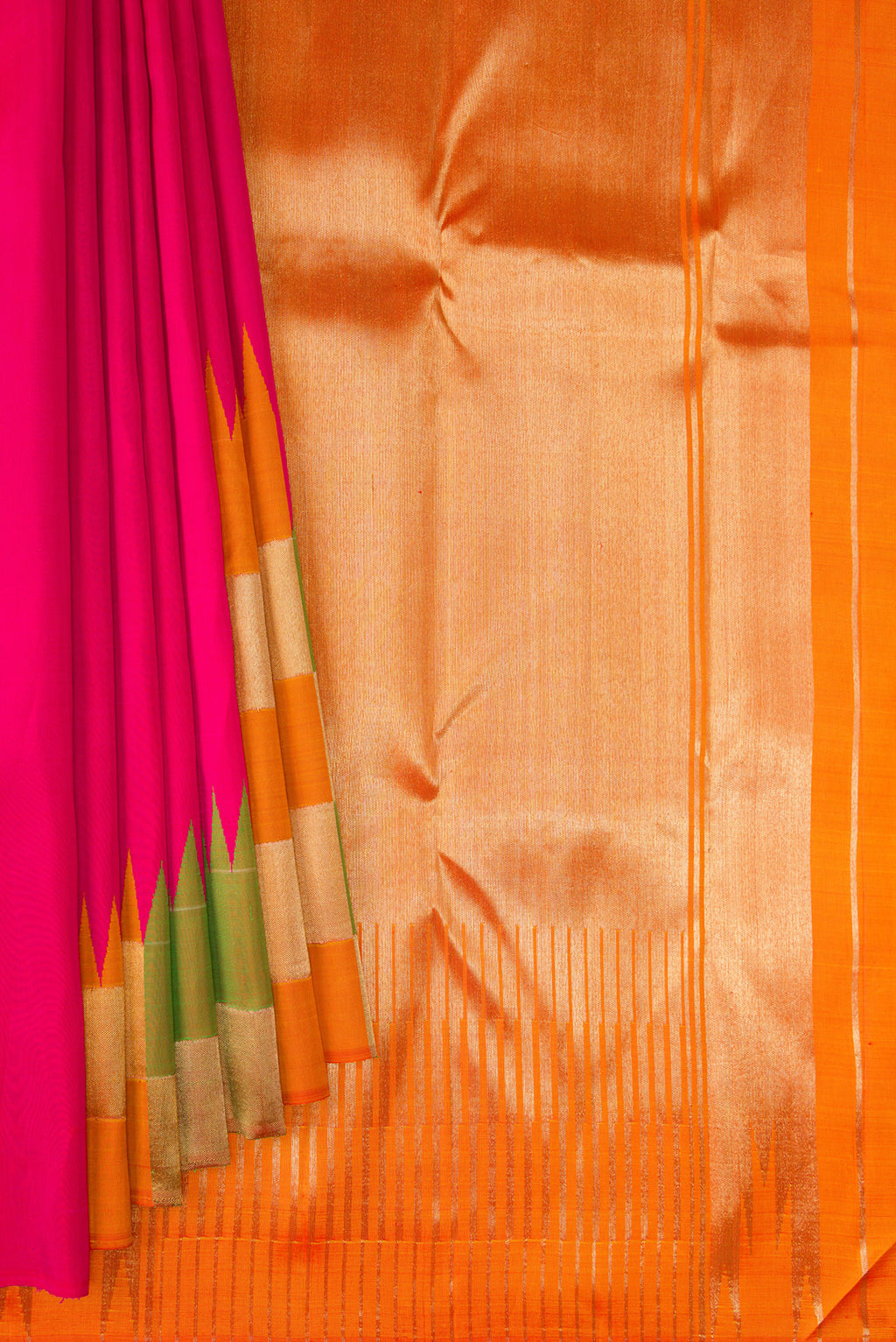 Pleats and pallu of Pure Silk Pure Zari Pink Kanjivaram Saree with Plain Body and Temple Border. 