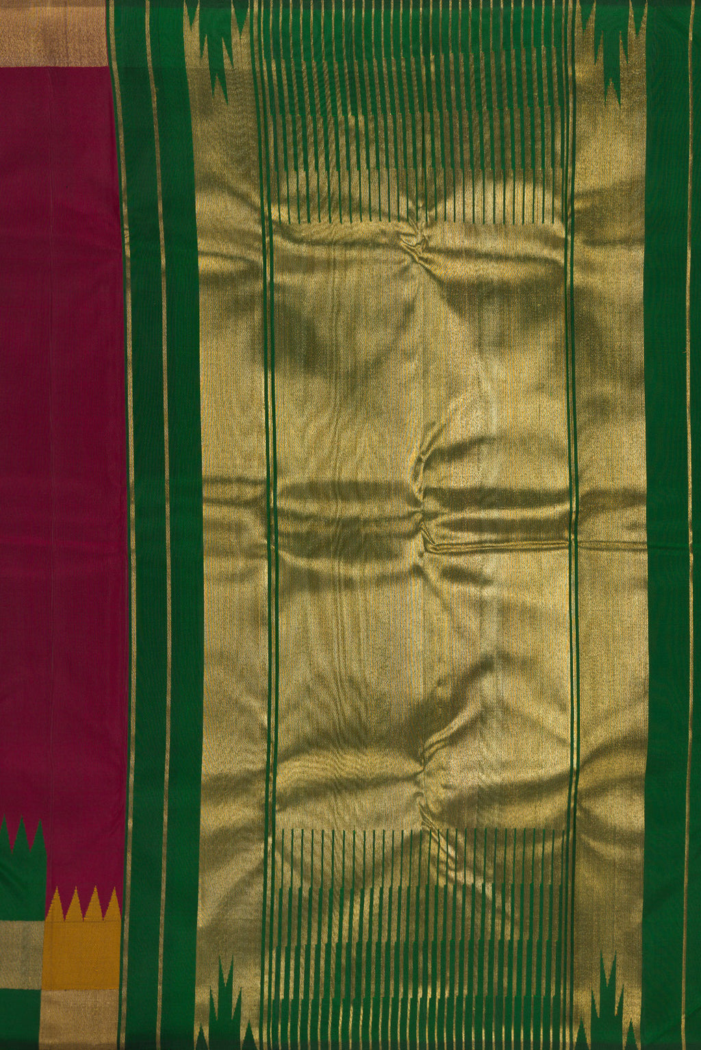 Close up image of the pallu of Pure Silk Pure Zari Maroon Kanjivaram Saree with Plain Body and Fancy Border. 