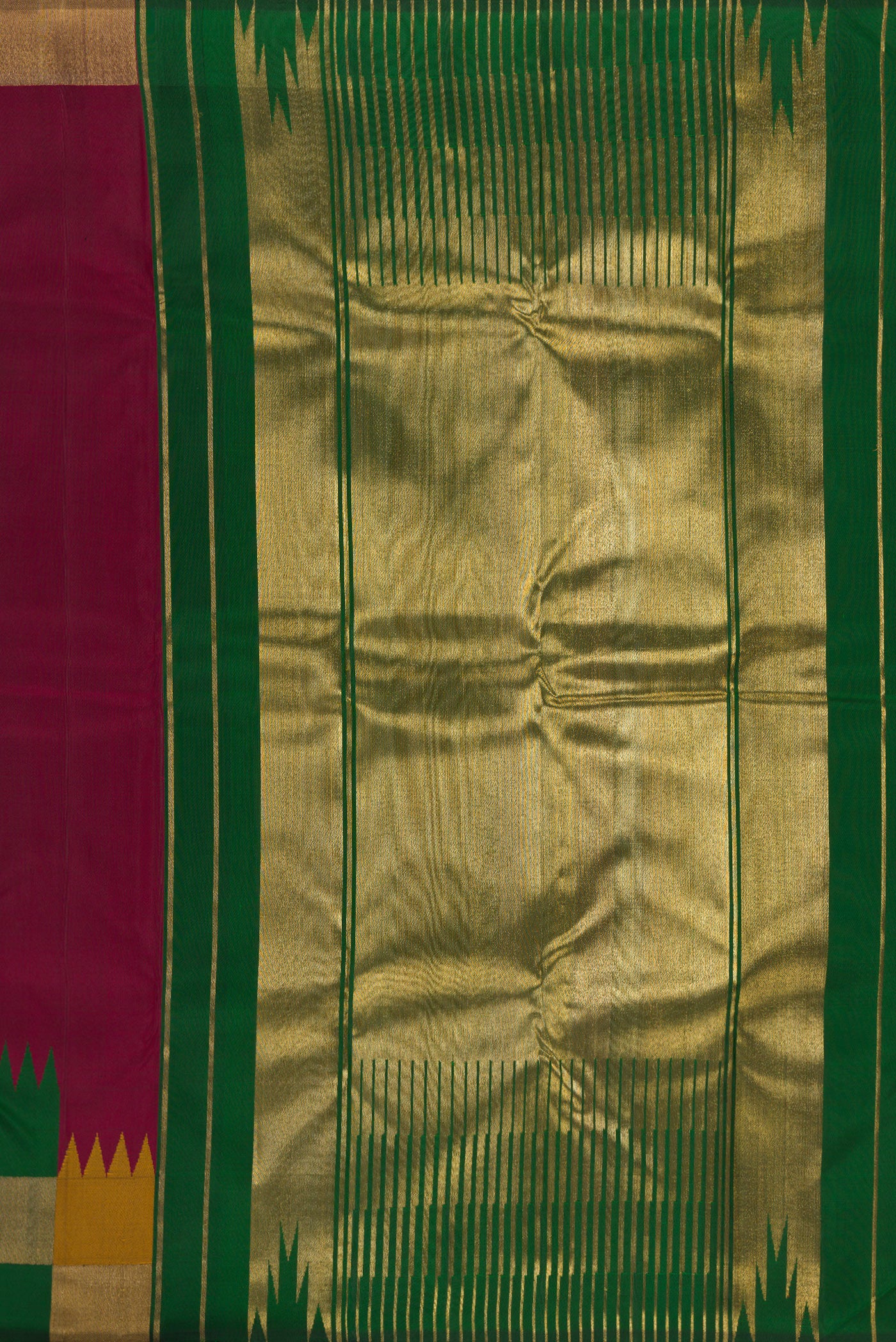Close up image of the pallu of Pure Silk Pure Zari Maroon Kanjivaram Saree with Plain Body and Fancy Border. 