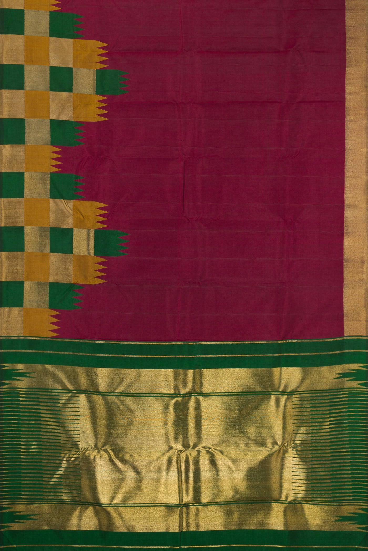 Flat view of Pure Silk Pure Zari Maroon Kanjivaram Saree with Plain Body and Fancy Border. 