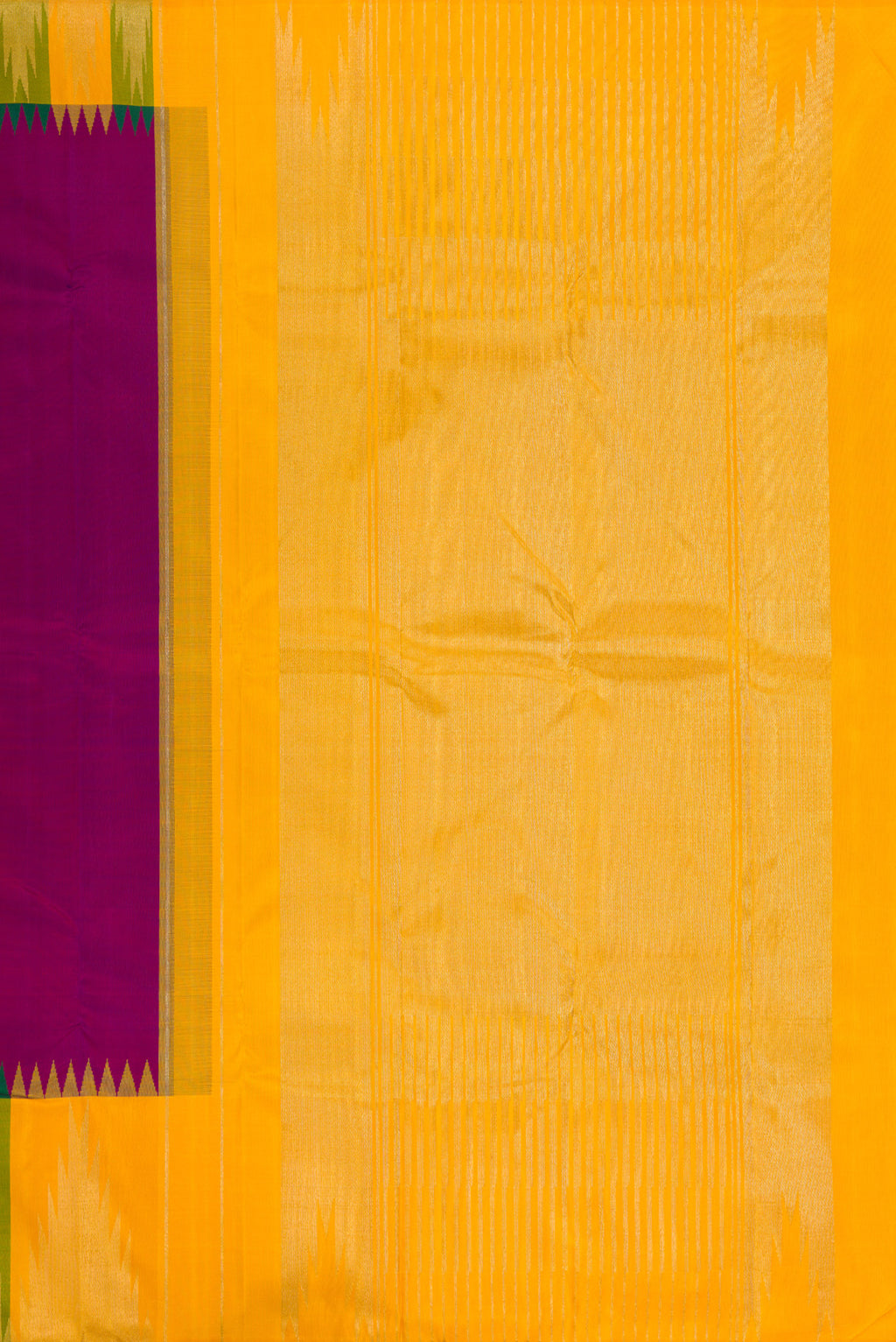 Close up image of the pallu of Pure Silk Pure Zari Purple Kanjivaram Saree with Plain Body and Temple Border. 